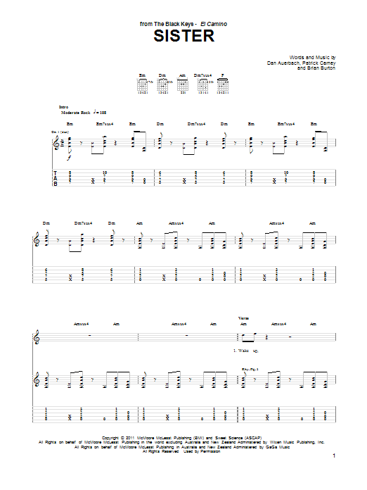 Download The Black Keys Sister Sheet Music and learn how to play Guitar Tab PDF digital score in minutes