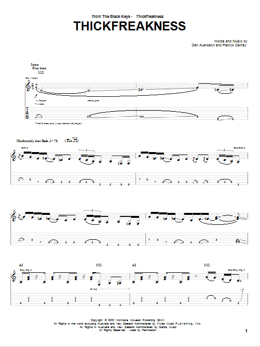 Download The Black Keys Thickfreakness Sheet Music and learn how to play Guitar Tab PDF digital score in minutes