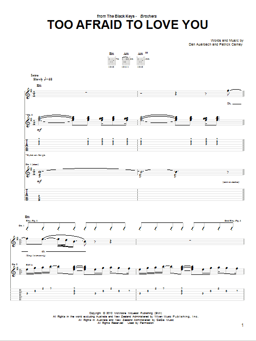 Download The Black Keys Too Afraid To Love You Sheet Music and learn how to play Guitar Tab PDF digital score in minutes