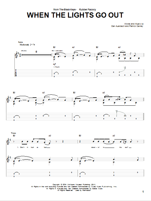 Download The Black Keys When The Lights Go Out Sheet Music and learn how to play Guitar Tab PDF digital score in minutes