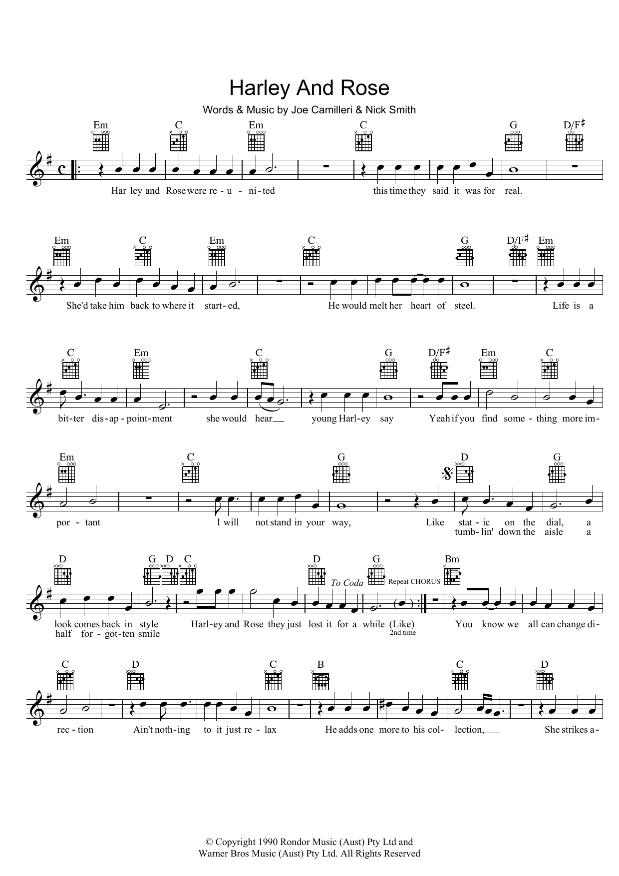 Download The Black Sorrows Harley And Rose Sheet Music and learn how to play Melody Line, Lyrics & Chords PDF digital score in minutes