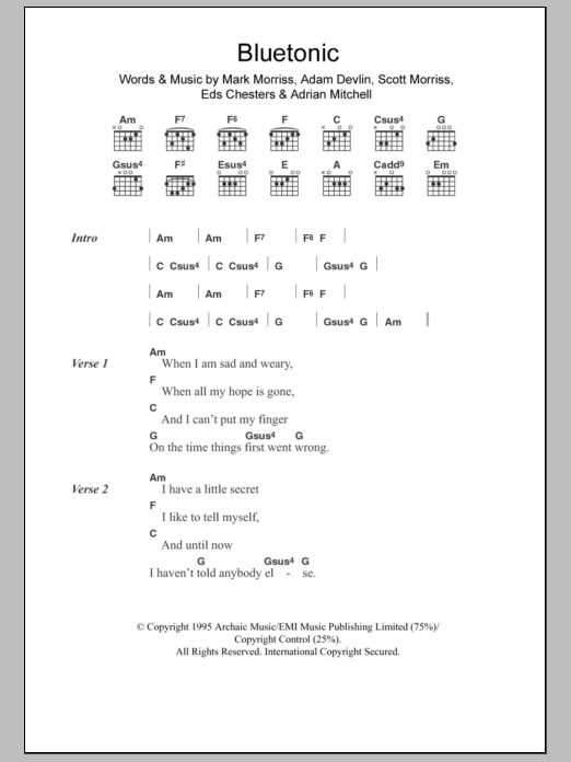 Download The Bluetones Bluetonic Sheet Music and learn how to play Lyrics & Chords PDF digital score in minutes