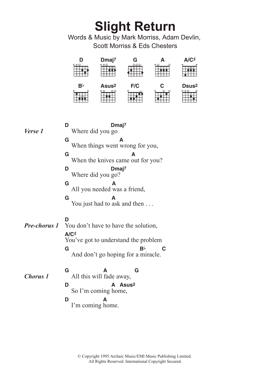 Download The Bluetones Slight Return Sheet Music and learn how to play Lyrics & Chords PDF digital score in minutes