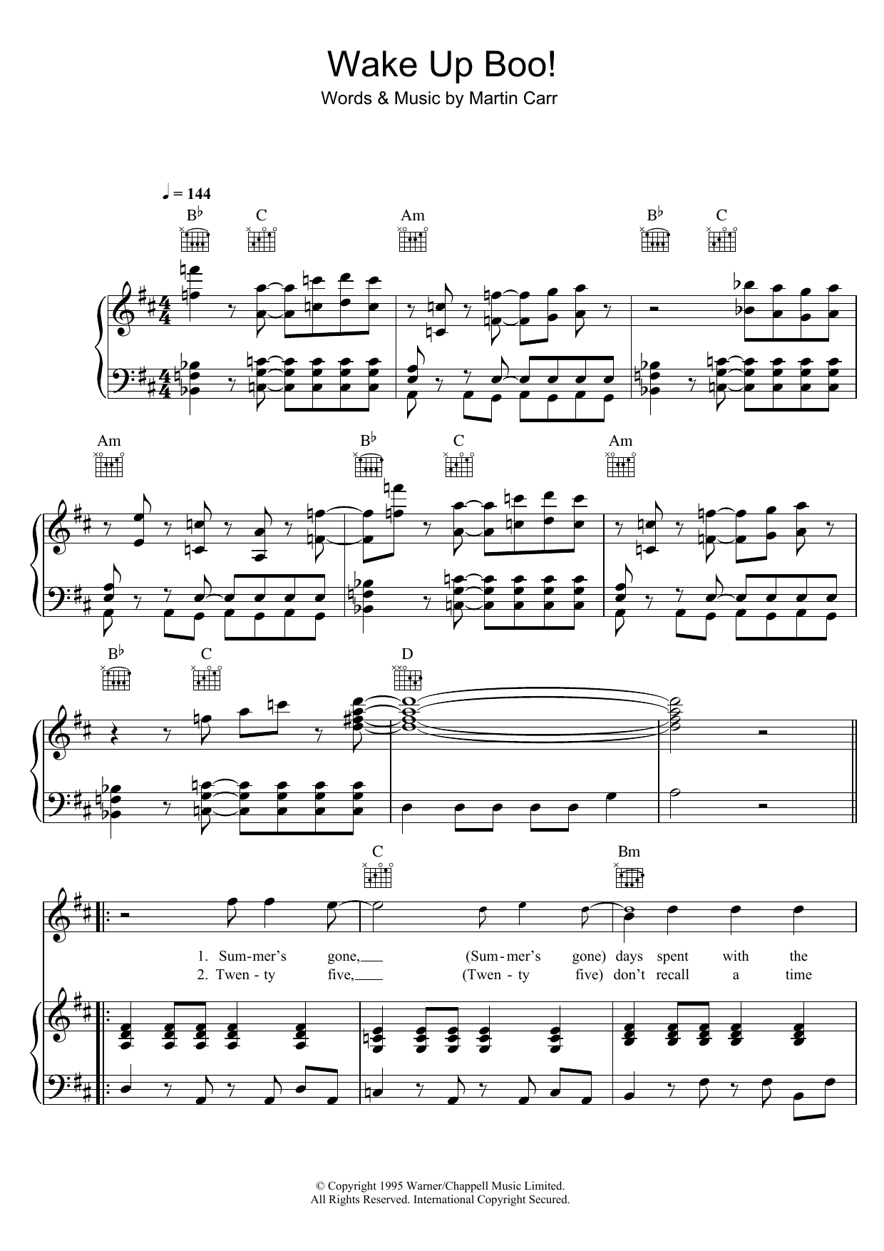 Download Boo Radleys Wake Up Boo! Sheet Music and learn how to play Piano, Vocal & Guitar PDF digital score in minutes