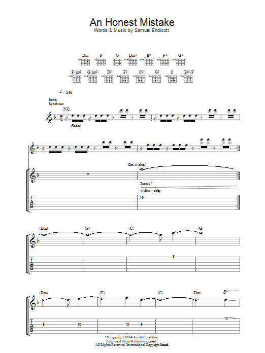 Download The Bravery Honest Mistake Sheet Music and learn how to play Guitar Tab PDF digital score in minutes