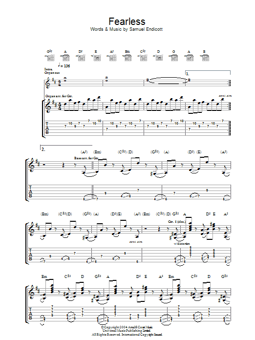 Download The Bravery Fearless Sheet Music and learn how to play Guitar Tab PDF digital score in minutes
