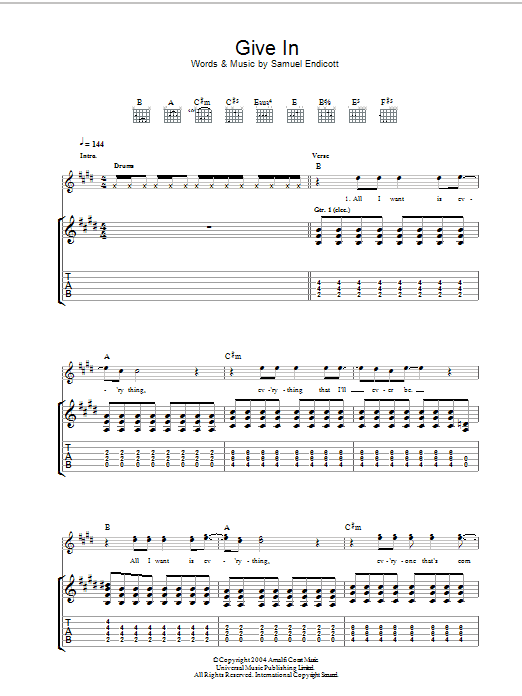 Download The Bravery Give In Sheet Music and learn how to play Guitar Tab PDF digital score in minutes