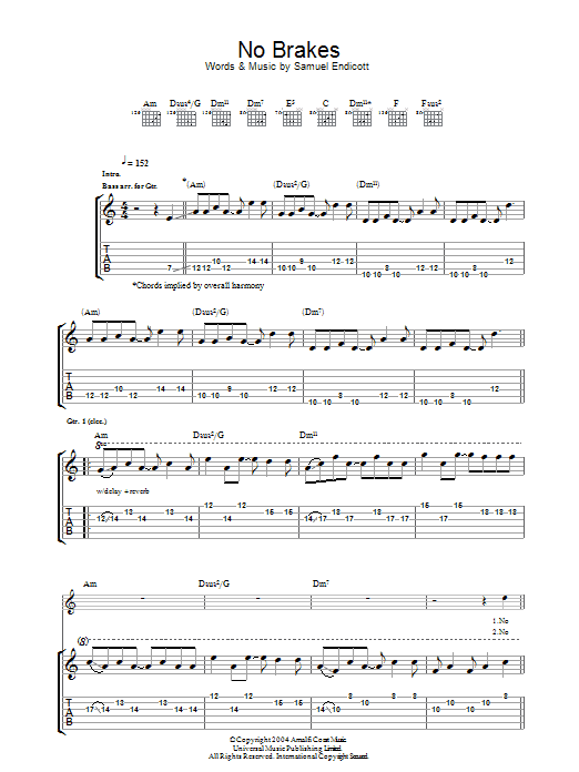 Download The Bravery No Brakes Sheet Music and learn how to play Guitar Tab PDF digital score in minutes