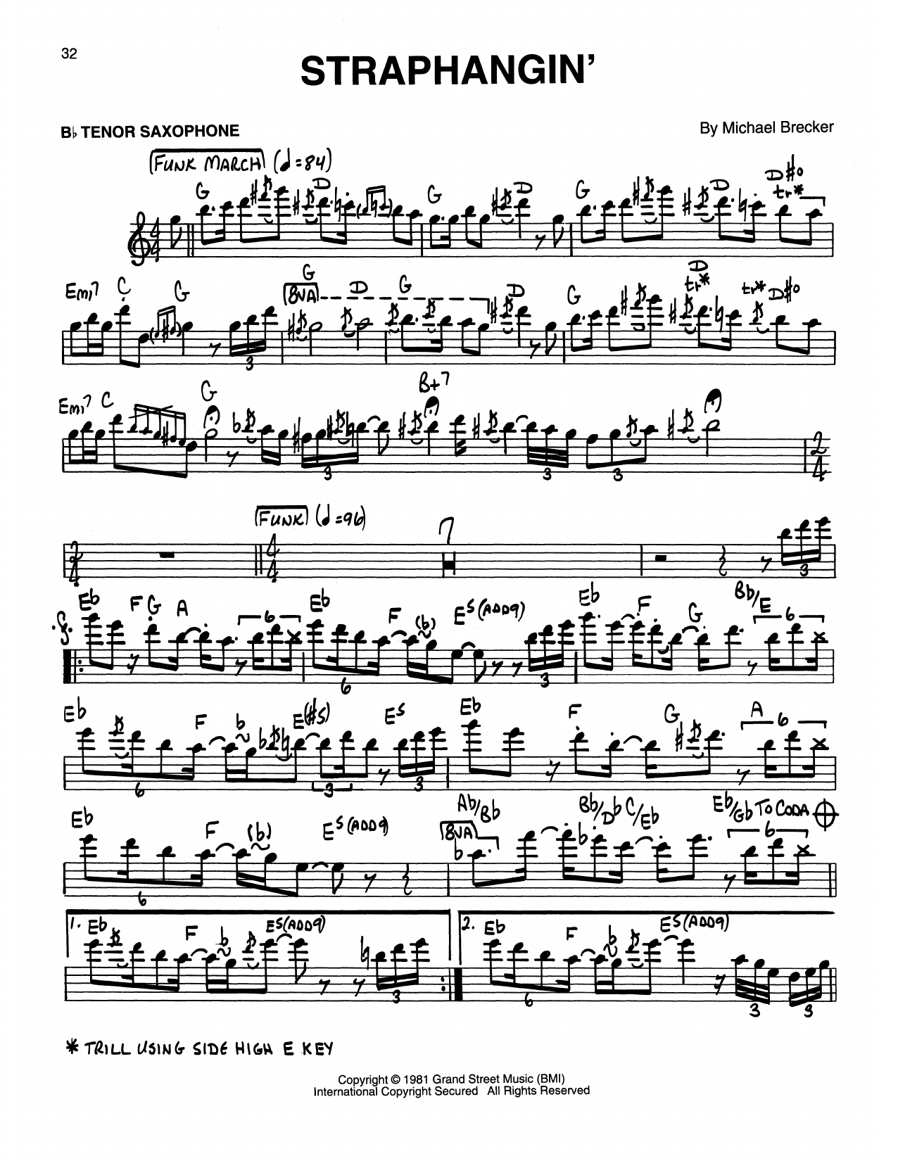 Download The Brecker Brothers Straphangin' Sheet Music and learn how to play Tenor Sax Transcription PDF digital score in minutes