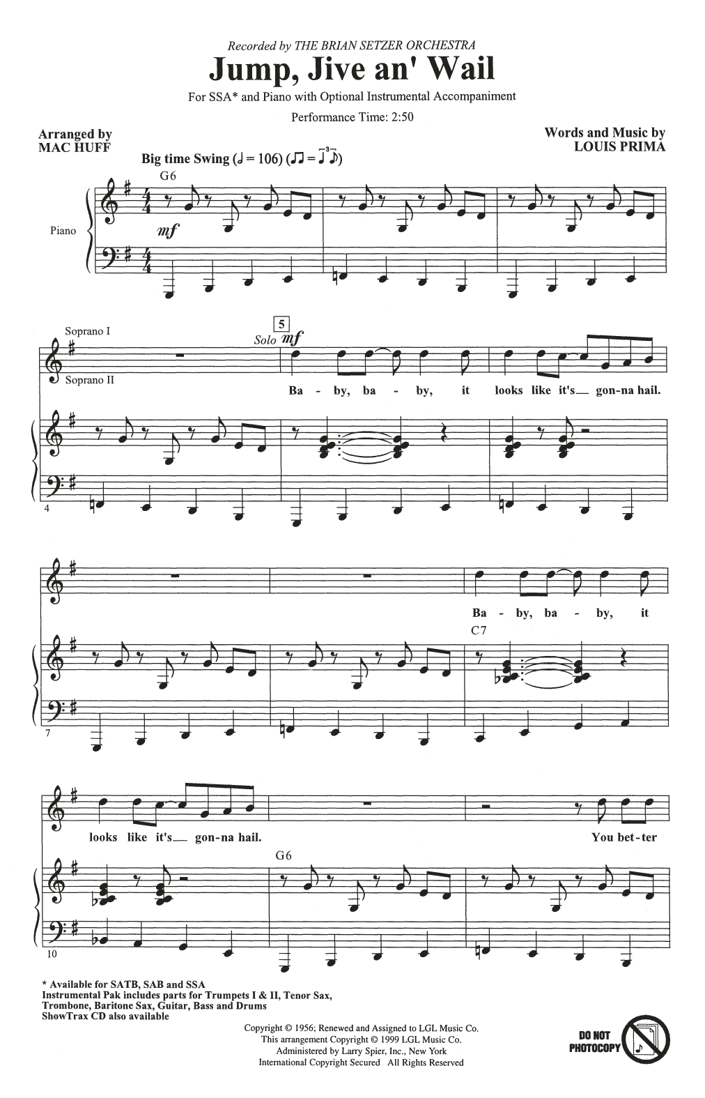Download The Brian Setzer Orchestra Jump, Jive An' Wail (arr. Mac Huff) Sheet Music and learn how to play SSA Choir PDF digital score in minutes
