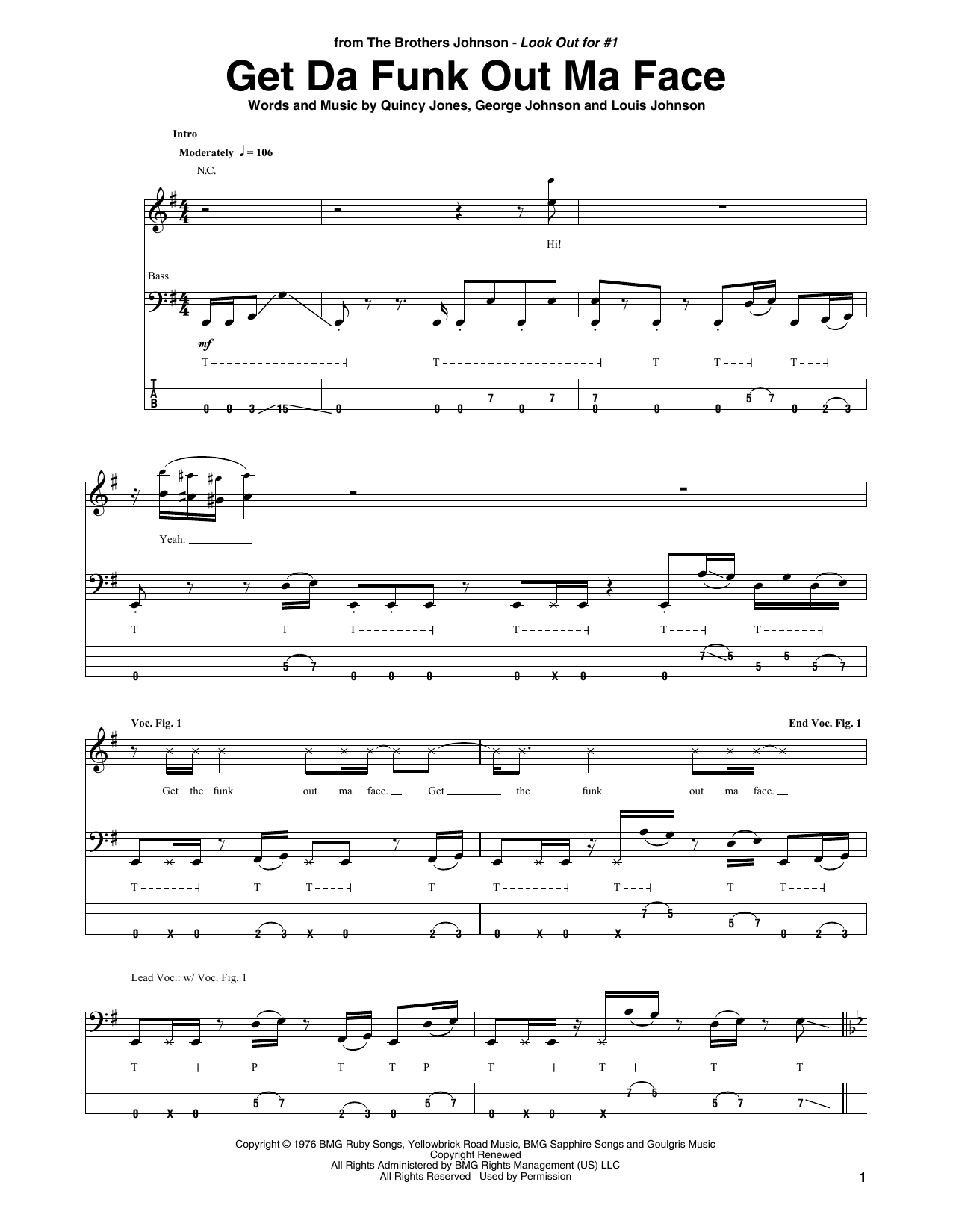 Download The Brothers Johnson Get Da Funk Out Ma Face Sheet Music and learn how to play Bass Guitar Tab PDF digital score in minutes