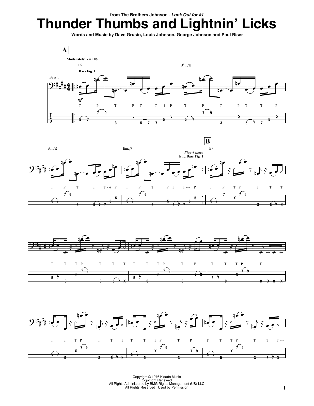Download The Brothers Johnson Thunder Thumbs And Lightnin' Licks Sheet Music and learn how to play Bass Guitar Tab PDF digital score in minutes