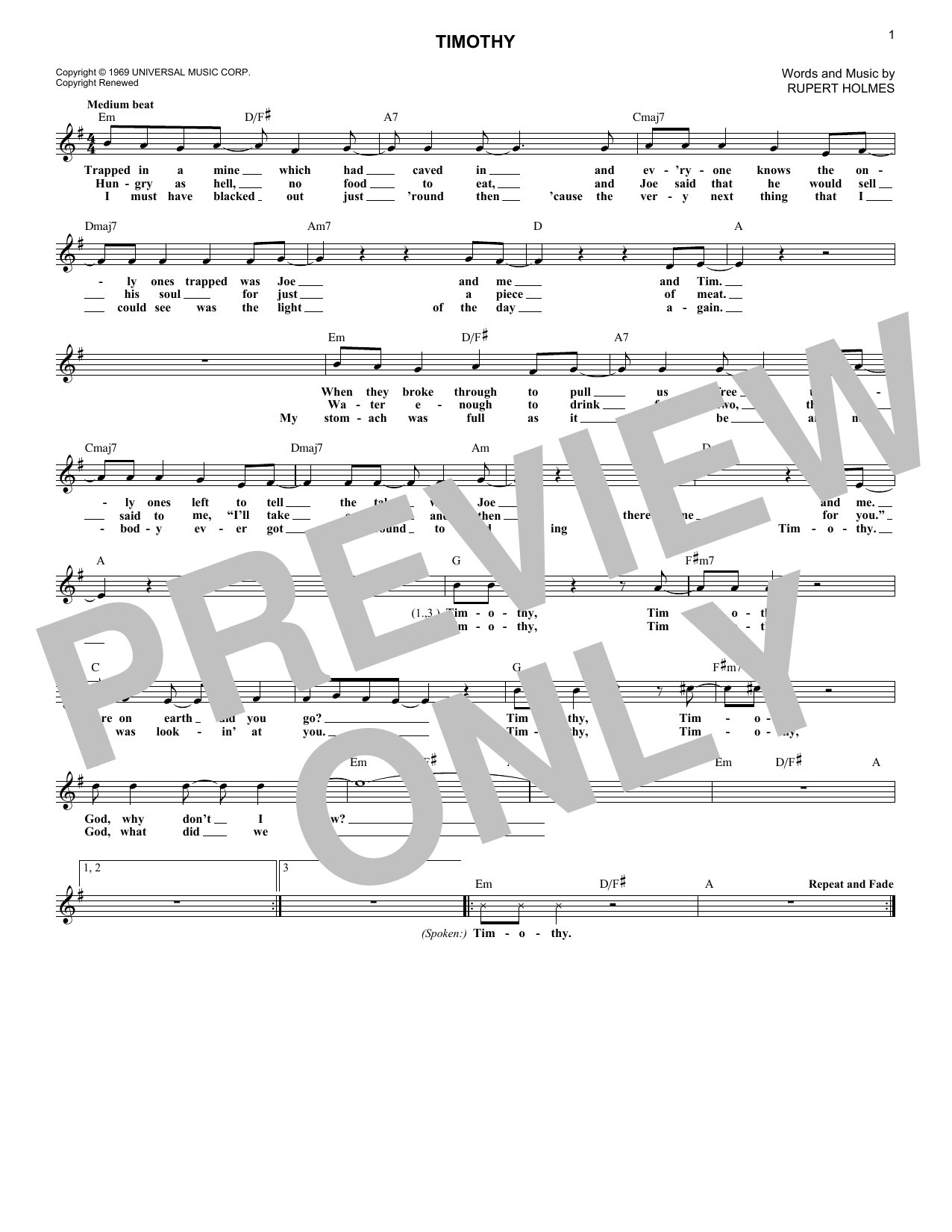 Download The Buoys Timothy Sheet Music and learn how to play Melody Line, Lyrics & Chords PDF digital score in minutes