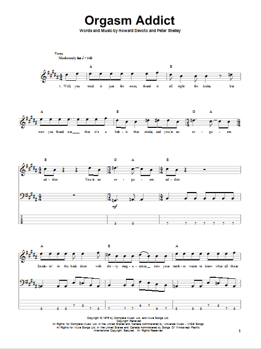 Download The Buzzcocks Orgasm Addict Sheet Music and learn how to play Bass Guitar Tab PDF digital score in minutes