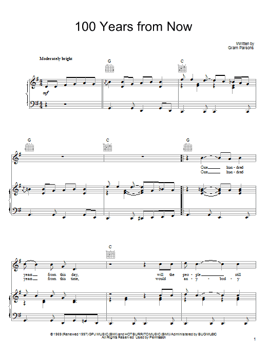 Download Gram Parsons 100 Years From Now Sheet Music and learn how to play Piano, Vocal & Guitar (Right-Hand Melody) PDF digital score in minutes