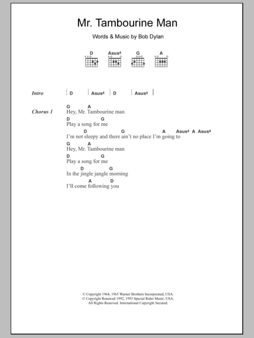 Download The Byrds Mr. Tambourine Man Sheet Music and learn how to play Lyrics & Chords PDF digital score in minutes