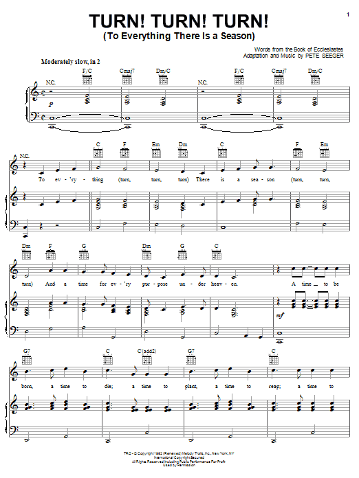 Download The Byrds Turn! Turn! Turn! (To Everything There Is A Season) Sheet Music and learn how to play Melody Line, Lyrics & Chords PDF digital score in minutes