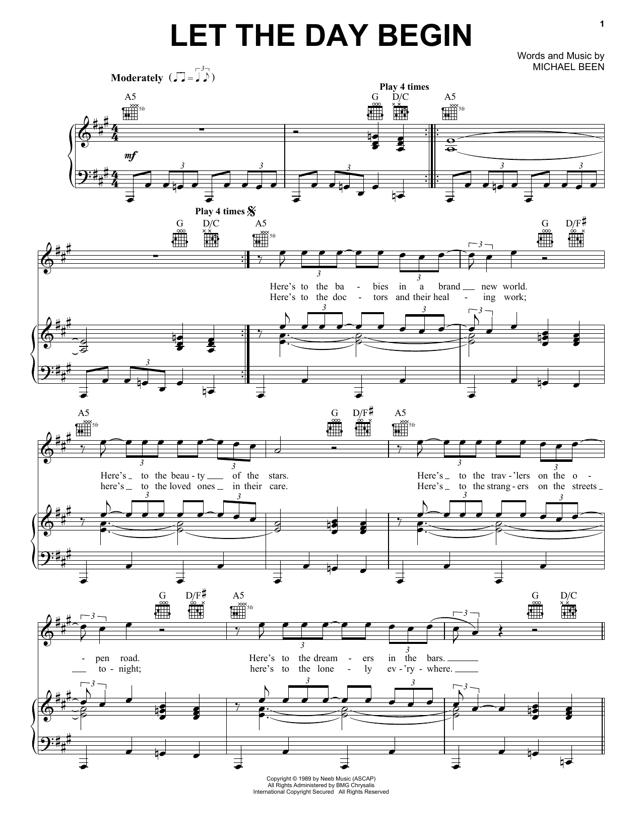 Download Michael Been Let The Day Begin Sheet Music and learn how to play Piano, Vocal & Guitar (Right-Hand Melody) PDF digital score in minutes