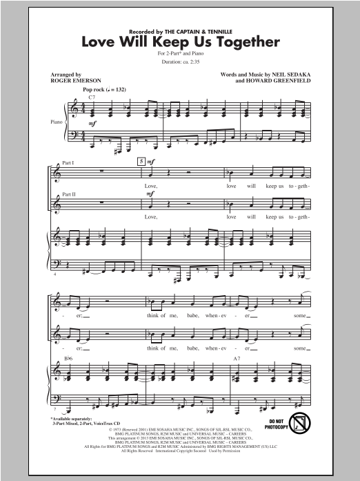 Download The Captain & Tennille Love Will Keep Us Together (arr. Roger Emerson) Sheet Music and learn how to play 2-Part Choir PDF digital score in minutes
