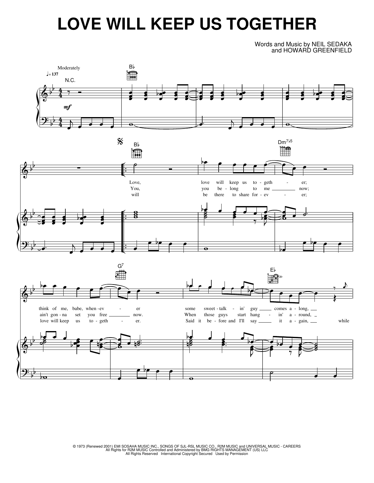 Download The Captain & Tennille Love Will Keep Us Together Sheet Music and learn how to play Easy Lead Sheet / Fake Book PDF digital score in minutes