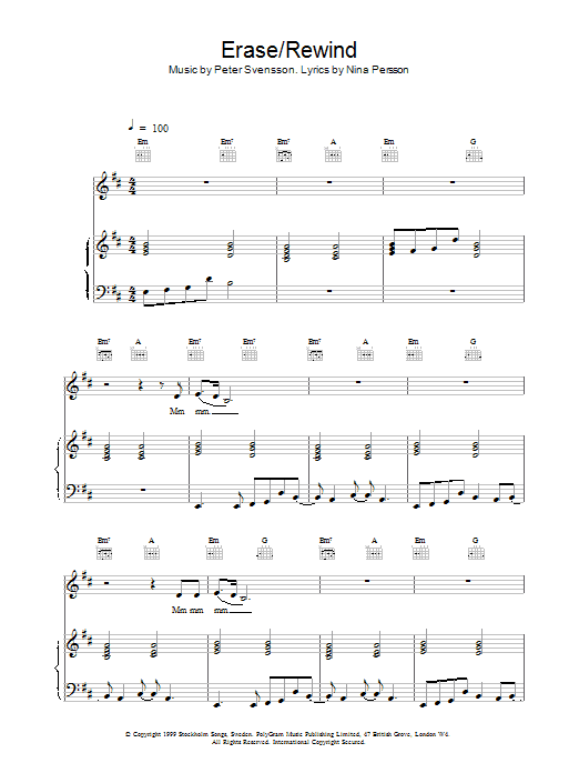 Download The Cardigans Erase / Rewind Sheet Music and learn how to play Piano, Vocal & Guitar PDF digital score in minutes