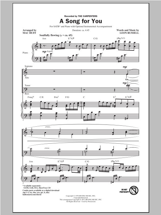 Download Carpenters A Song For You (arr. Mac Huff) Sheet Music and learn how to play SATB PDF digital score in minutes