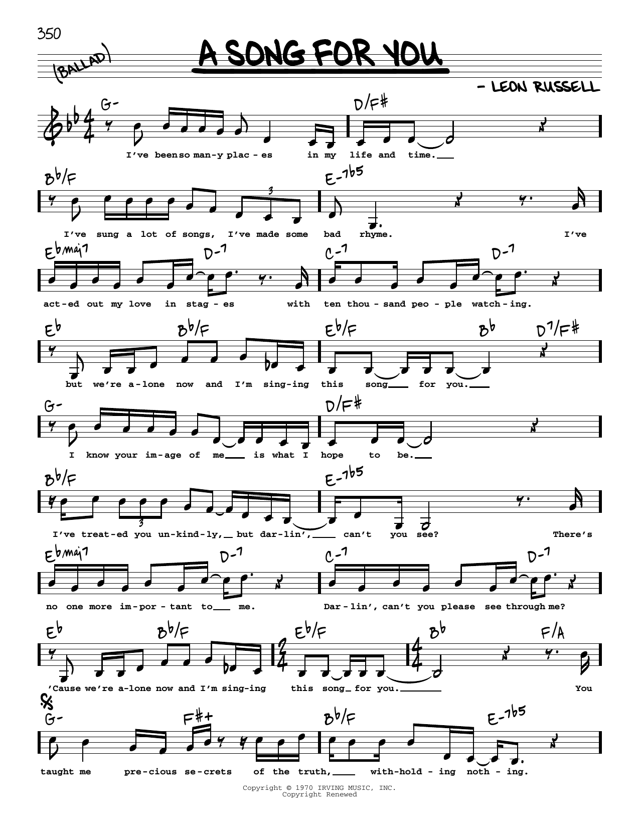 Download The Carpenters A Song For You (Low Voice) Sheet Music and learn how to play Real Book – Melody, Lyrics & Chords PDF digital score in minutes
