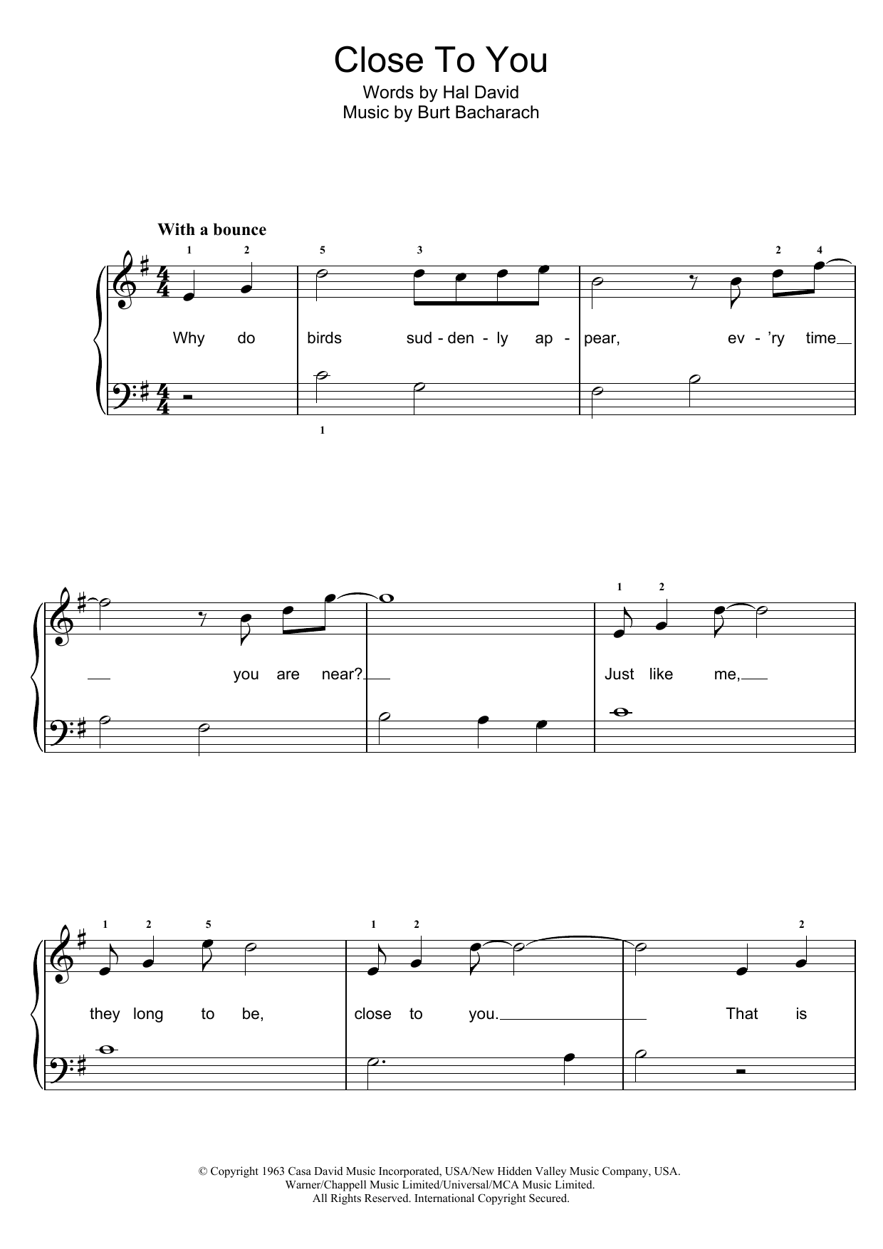 Download Carpenters Close To You (They Long To Be) Sheet Music and learn how to play Beginner Piano PDF digital score in minutes