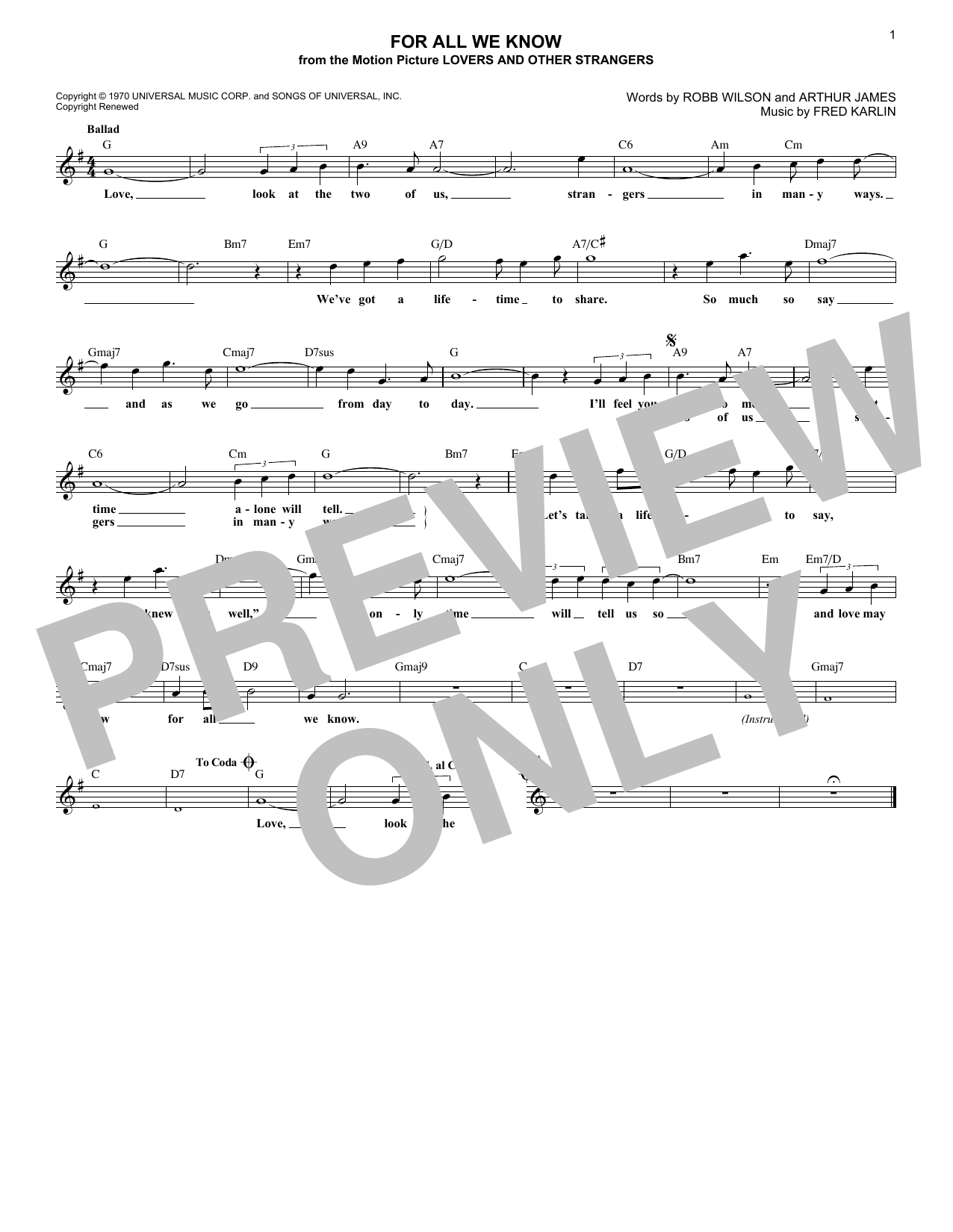 Download The Carpenters For All We Know Sheet Music and learn how to play Easy Ukulele Tab PDF digital score in minutes