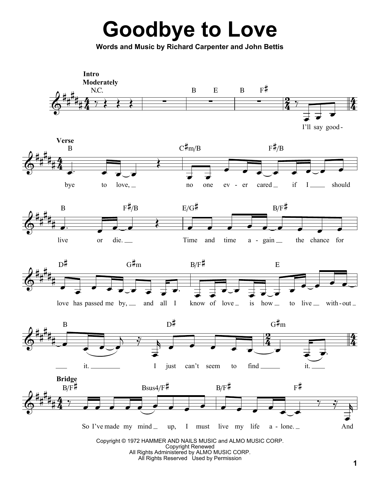 Download The Carpenters Goodbye To Love Sheet Music and learn how to play Voice PDF digital score in minutes