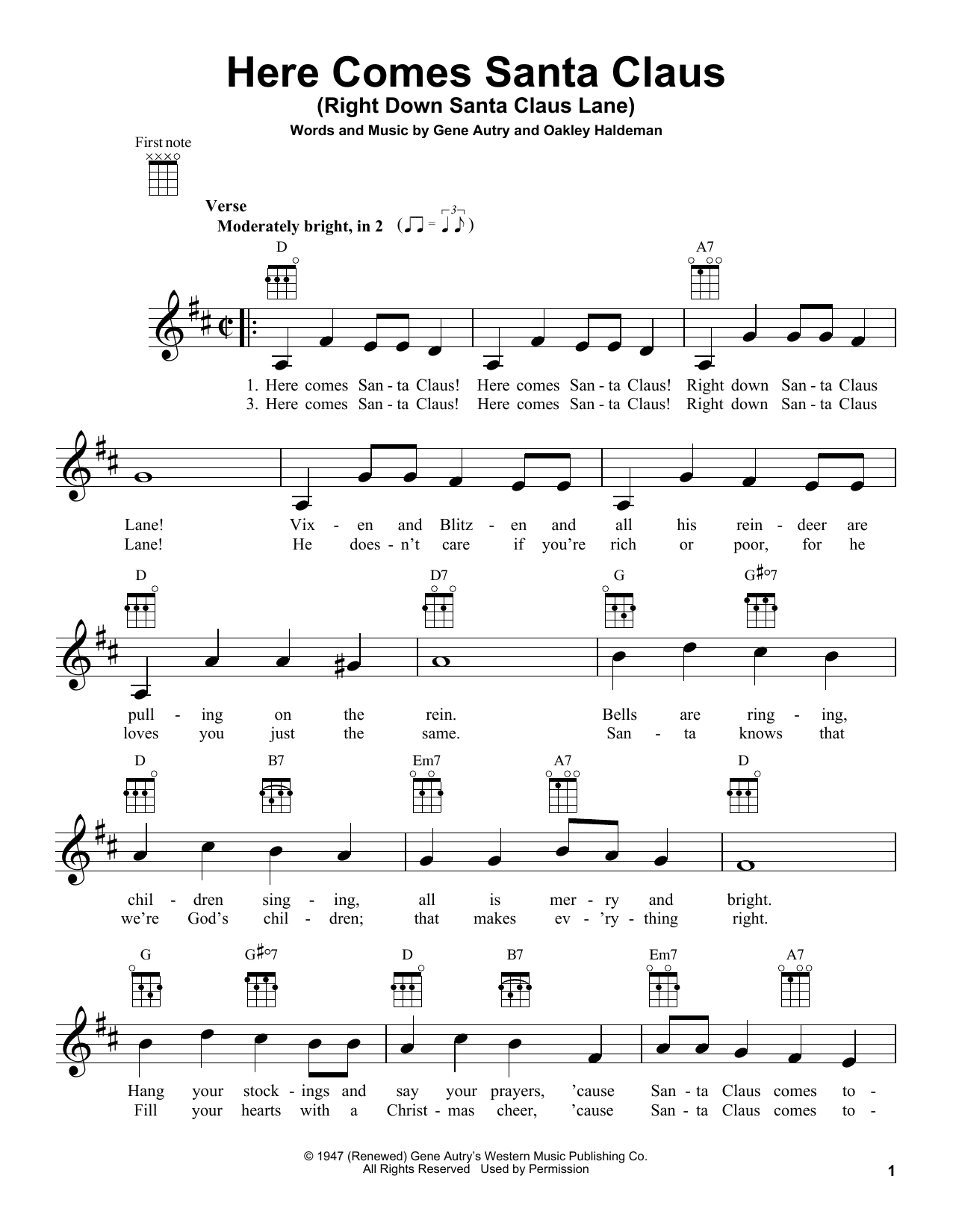 Download The Carpenters Here Comes Santa Claus (Right Down Santa Claus Lane) Sheet Music and learn how to play Ukulele PDF digital score in minutes