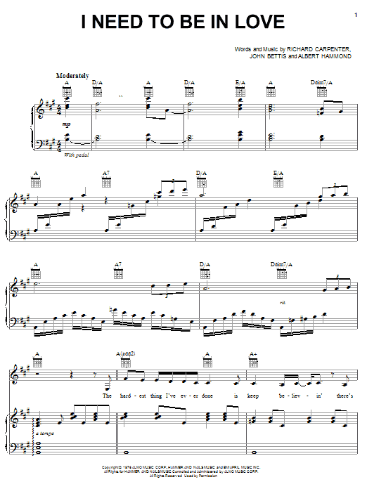 Download Carpenters I Need To Be In Love Sheet Music and learn how to play Piano, Vocal & Guitar (Right-Hand Melody) PDF digital score in minutes
