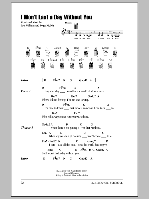 Download Carpenters I Won't Last A Day Without You Sheet Music and learn how to play Ukulele with strumming patterns PDF digital score in minutes