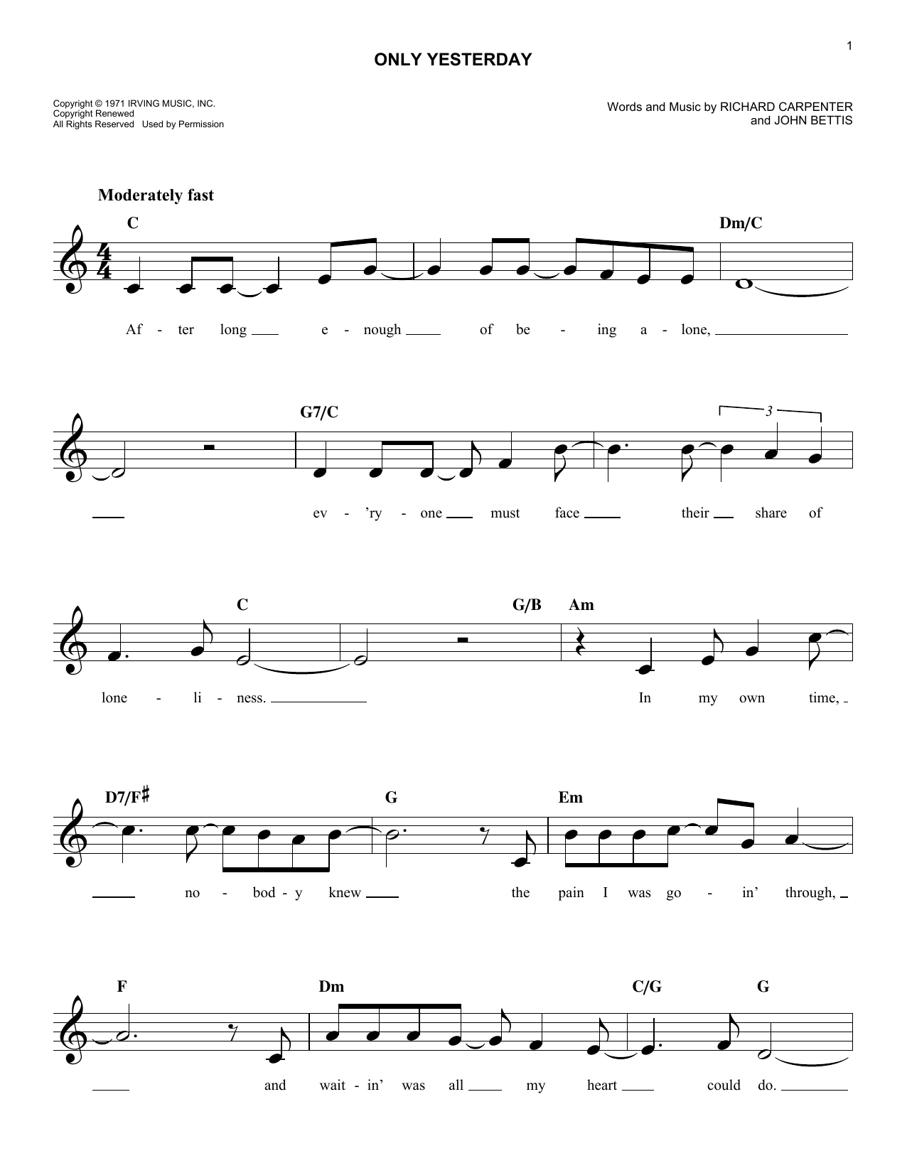 Download The Carpenters Only Yesterday Sheet Music and learn how to play Melody Line, Lyrics & Chords PDF digital score in minutes