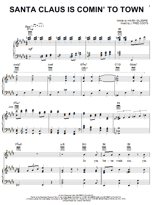Download Carpenters Santa Claus Is Comin' To Town Sheet Music and learn how to play Piano, Vocal & Guitar (Right-Hand Melody) PDF digital score in minutes