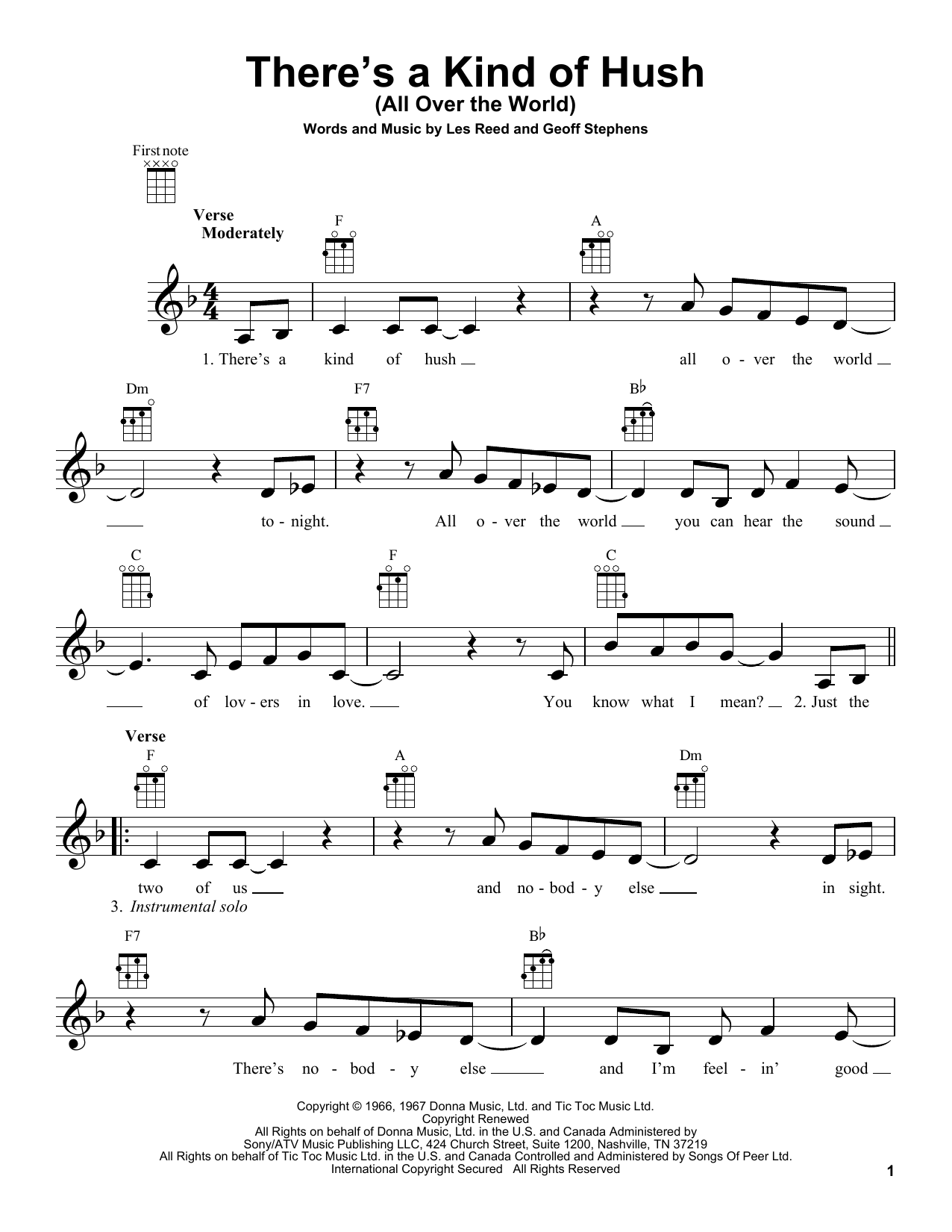 Download The Carpenters There's A Kind Of Hush (All Over The World) Sheet Music and learn how to play Ukulele PDF digital score in minutes