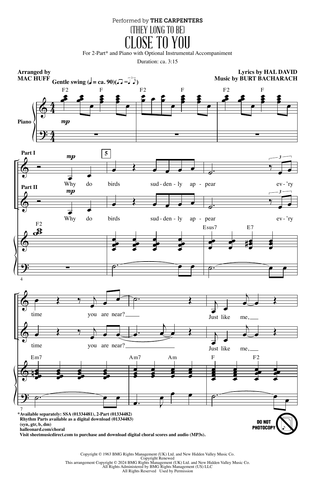 Download The Carpenters (They Long To Be) Close To You (arr. Mac Huff) Sheet Music and learn how to play SSA Choir PDF digital score in minutes