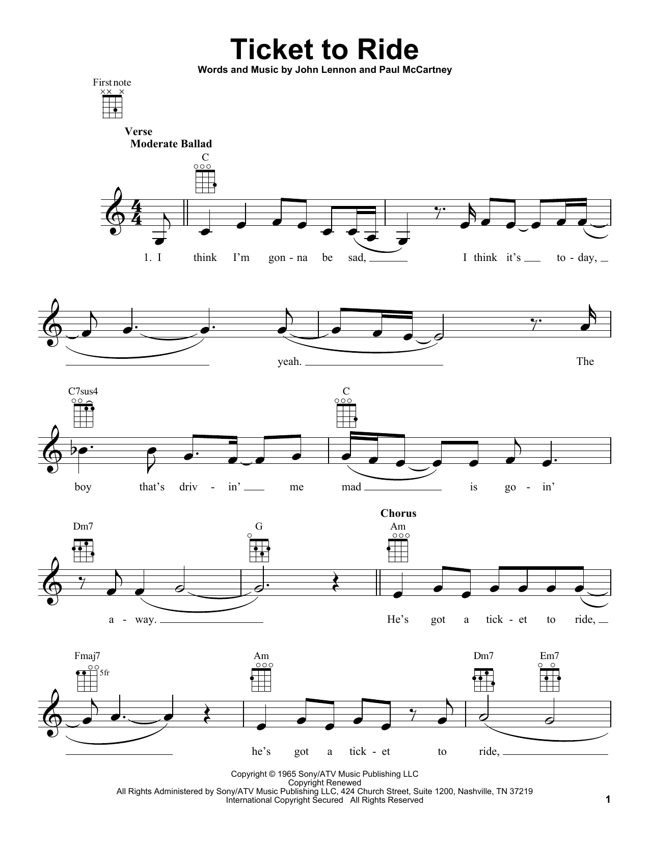 Download The Carpenters Ticket To Ride Sheet Music and learn how to play Ukulele PDF digital score in minutes