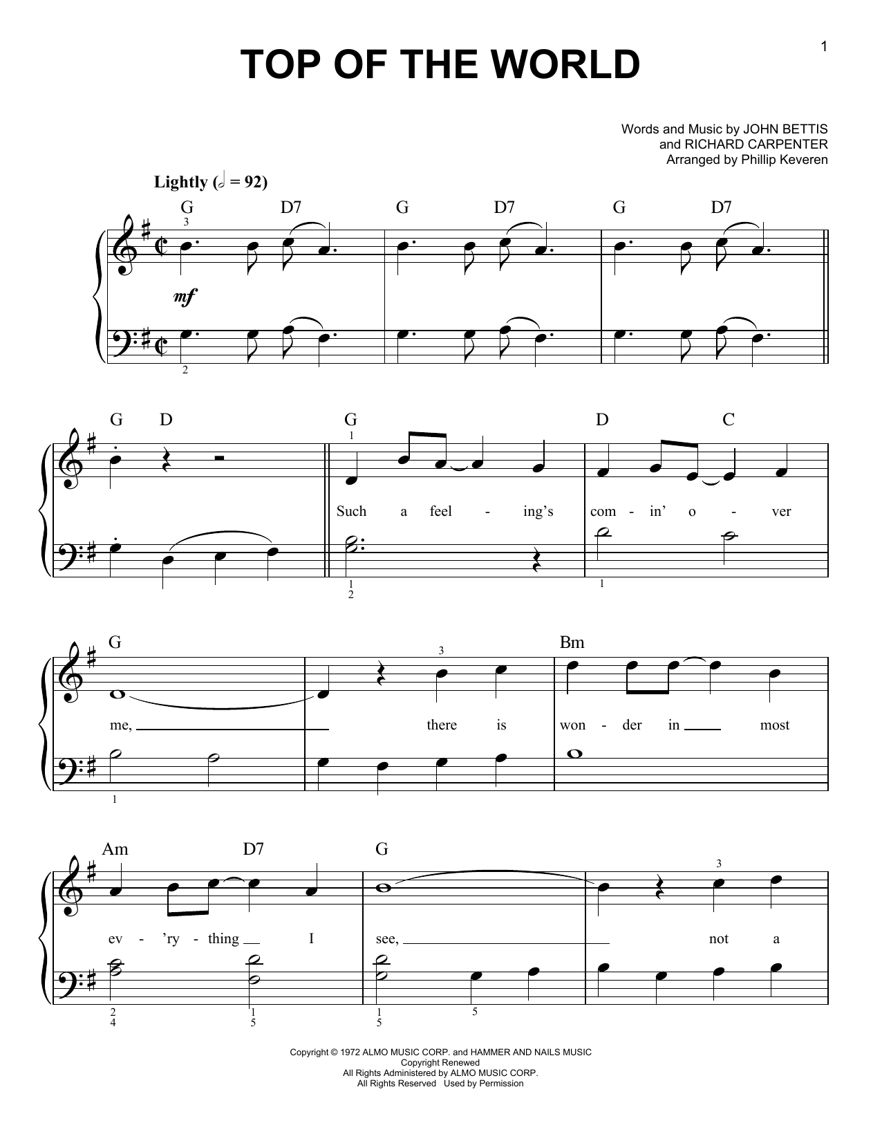 Download The Carpenters Top Of The World Sheet Music and learn how to play Easy Piano PDF digital score in minutes