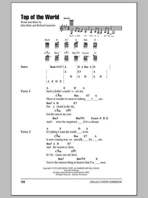 Download Carpenters Top Of The World Sheet Music and learn how to play Ukulele with strumming patterns PDF digital score in minutes