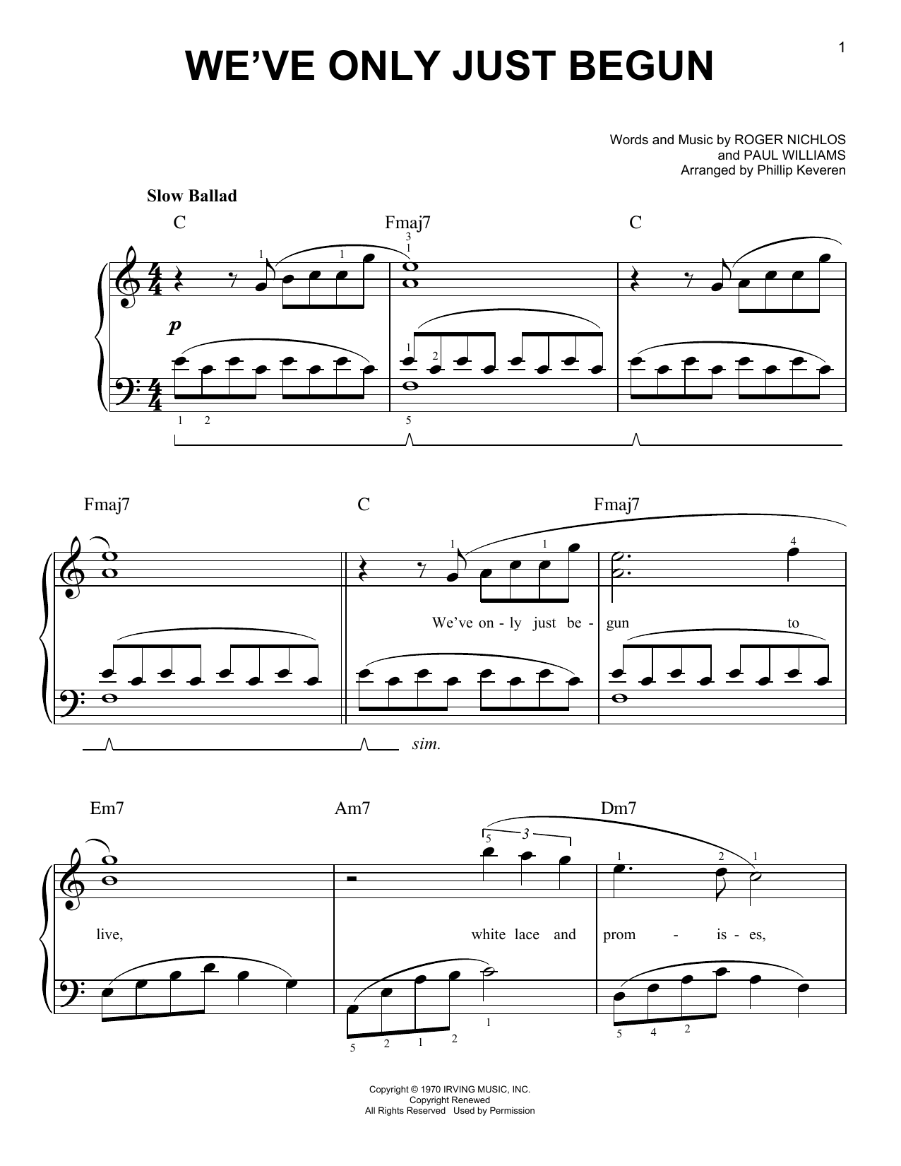 Download The Carpenters We've Only Just Begun (arr. Phillip Keveren) Sheet Music and learn how to play Easy Piano PDF digital score in minutes