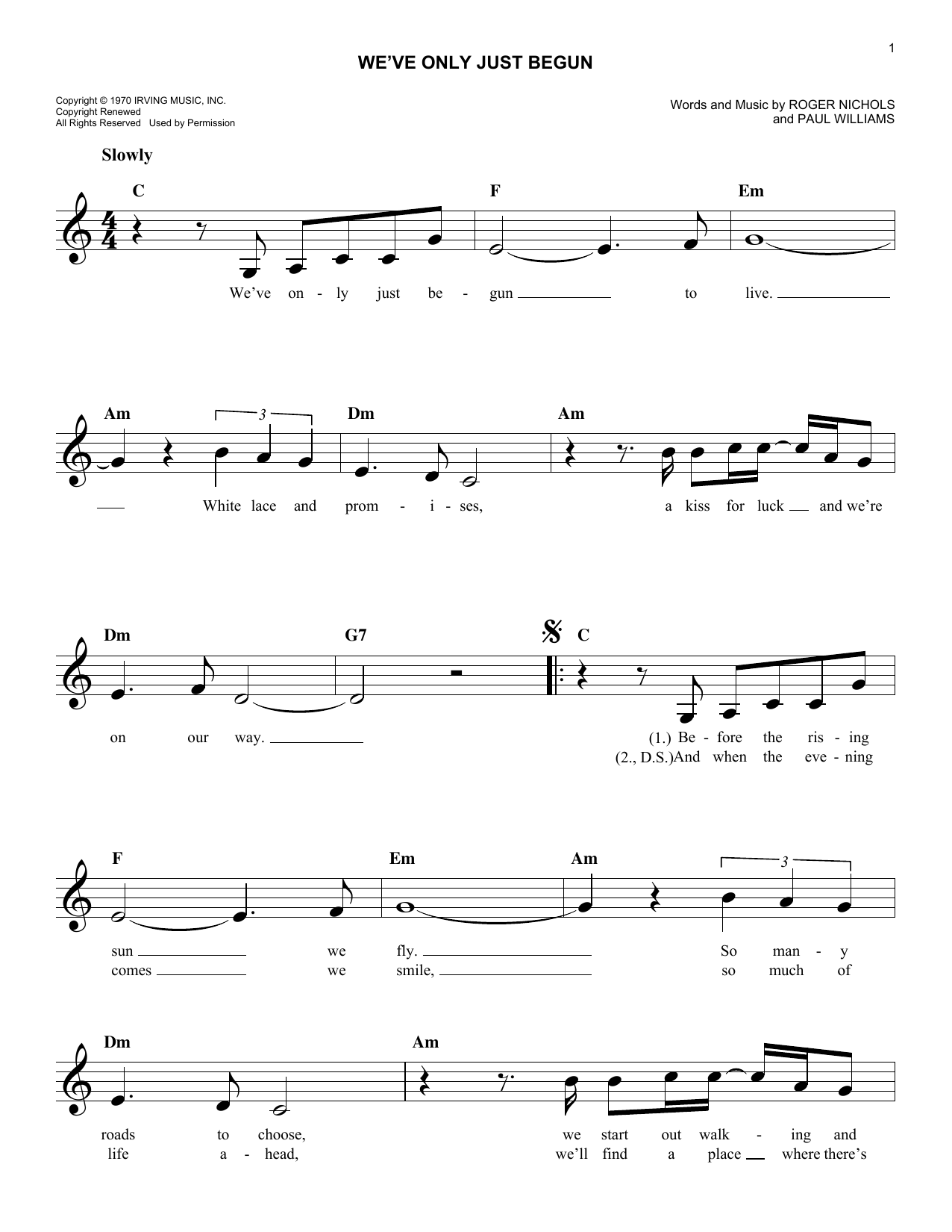 Download The Carpenters We've Only Just Begun Sheet Music and learn how to play Voice PDF digital score in minutes