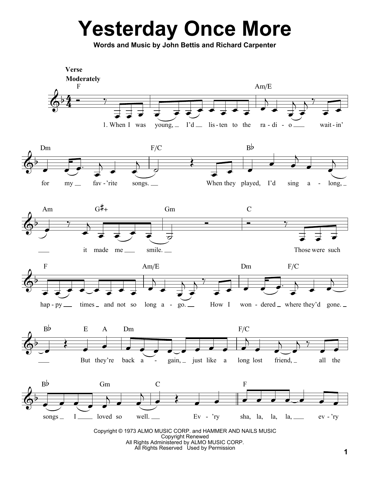 Download The Carpenters Yesterday Once More Sheet Music and learn how to play Voice PDF digital score in minutes