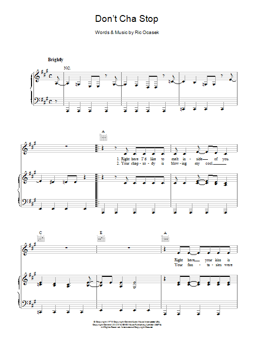 Download The Cars Don't Cha Stop Sheet Music and learn how to play Piano, Vocal & Guitar (Right-Hand Melody) PDF digital score in minutes