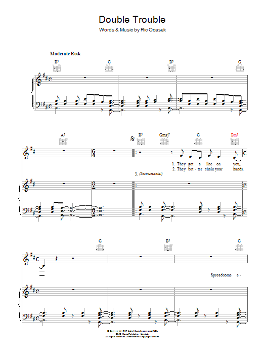 Download The Cars Double Trouble Sheet Music and learn how to play Piano, Vocal & Guitar PDF digital score in minutes