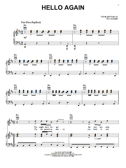 Download The Cars Hello Again Sheet Music and learn how to play Piano, Vocal & Guitar (Right-Hand Melody) PDF digital score in minutes