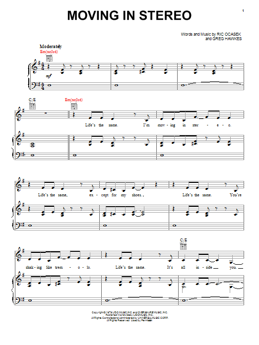 Download The Cars Moving In Stereo Sheet Music and learn how to play Piano, Vocal & Guitar PDF digital score in minutes