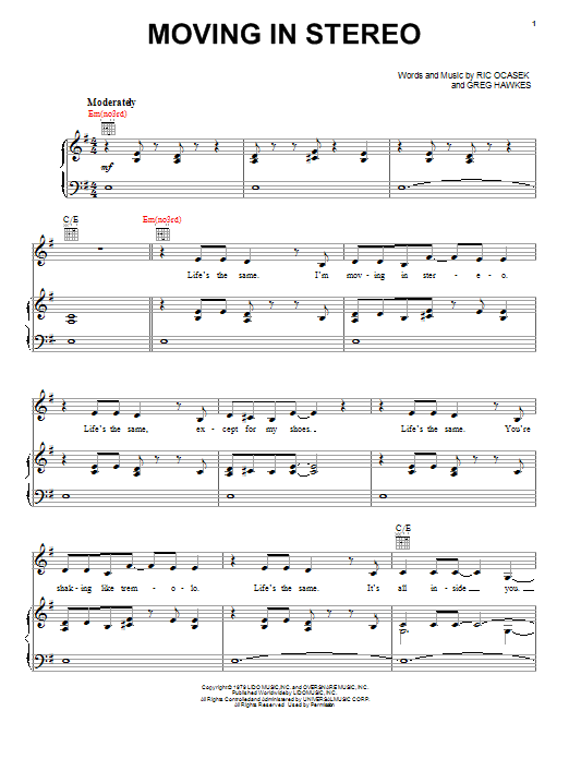 Download The Cars Moving In Stereo Sheet Music and learn how to play Piano, Vocal & Guitar (Right-Hand Melody) PDF digital score in minutes