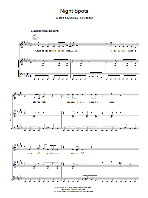 Download The Cars Night Spots Sheet Music and learn how to play Piano, Vocal & Guitar PDF digital score in minutes