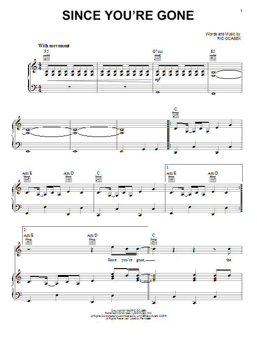 Download The Cars Since You're Gone Sheet Music and learn how to play Piano, Vocal & Guitar PDF digital score in minutes